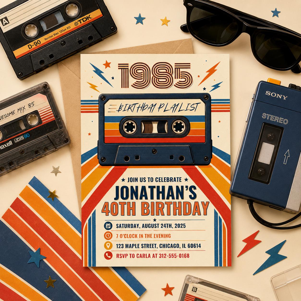 40th Birthday Invitation, Back to 80's Vintage Birthday Invite, Vintage 1985 Birth Year Party Invite, Back In 1985, Editable Canva Template __etsy:8062999131