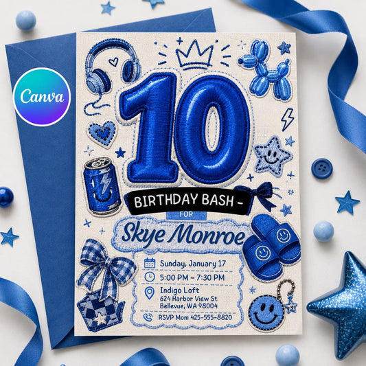 10th Birthday Invitation, Blue Birthday Bash Tween Girl Party Invite, Editable Printable Canva Template __etsy:8173845594