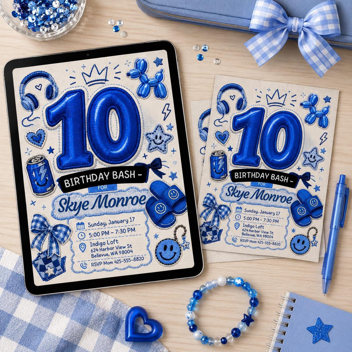 Blue 10th Birthday Invitation: Blue Birthday Bash Tween Girl Party — design view 2