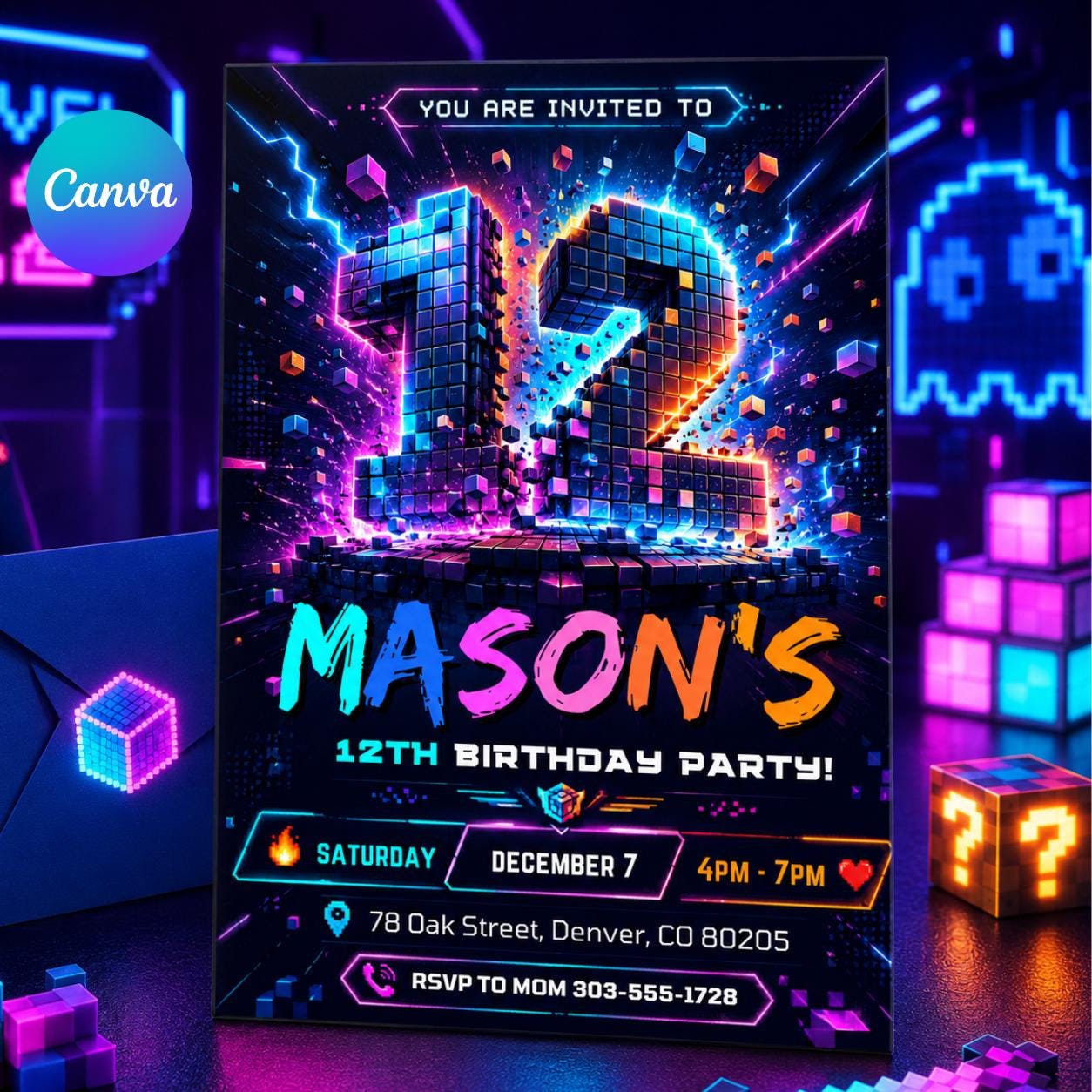 12th Birthday Invitation, Boy Invitation, Boy Birthday Invites, Editable Invitation, Boy 12th Birthday, Neon Cyber Party Template Canva __etsy:8080303945