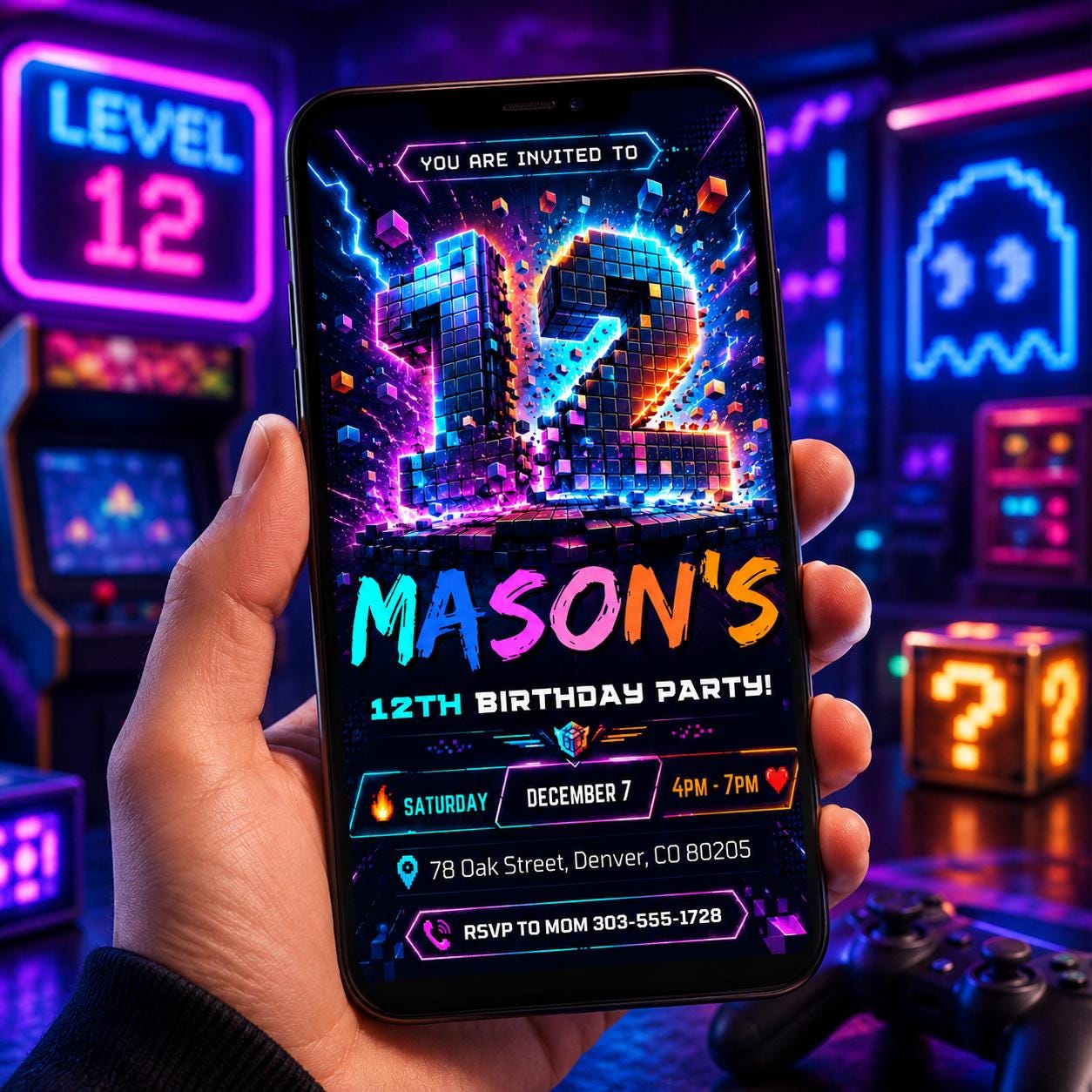 12th Birthday Invitation, Boy Invitation, Boy Birthday Invites, Editable Invitation, Boy 12th Birthday, Neon Cyber Party Template Canva __etsy:8032391064