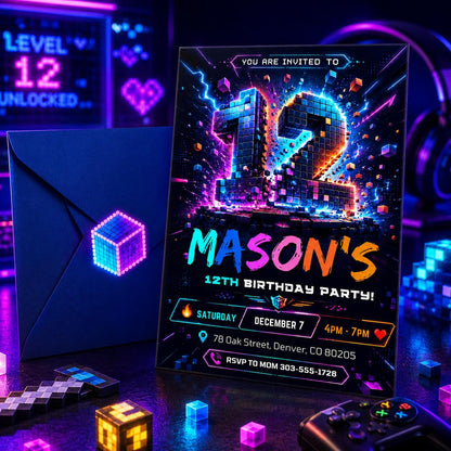 12th Birthday Invitation, Boy Invitation, Boy Birthday Invites, Editable Invitation, Boy 12th Birthday, Neon Cyber Party Template Canva __etsy:8032391256