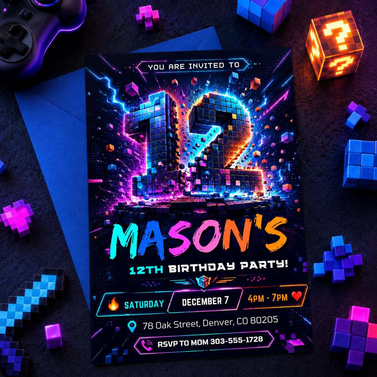 12th Birthday Invitation, Boy Invitation, Boy Birthday Invites, Editable Invitation, Boy 12th Birthday, Neon Cyber Party Template Canva __etsy:8032391262
