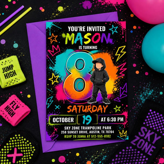 8th Birthday Invitation Boy Neon Editable Party Template, Teen Birthday Invite Digital Invitation for Boys tenth birthday, Canva Template __etsy:8026276584