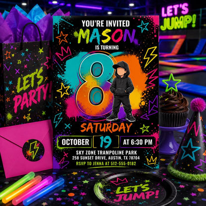 8th Birthday Invitation Boy Neon Editable Party Template, Teen Birthday Invite Digital Invitation for Boys tenth birthday, Canva Template __etsy:8074190583