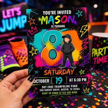 8th Birthday Invitation Boy Neon Editable Party Template, Teen Birthday Invite Digital Invitation for Boys tenth birthday, Canva Template __etsy:8026276580