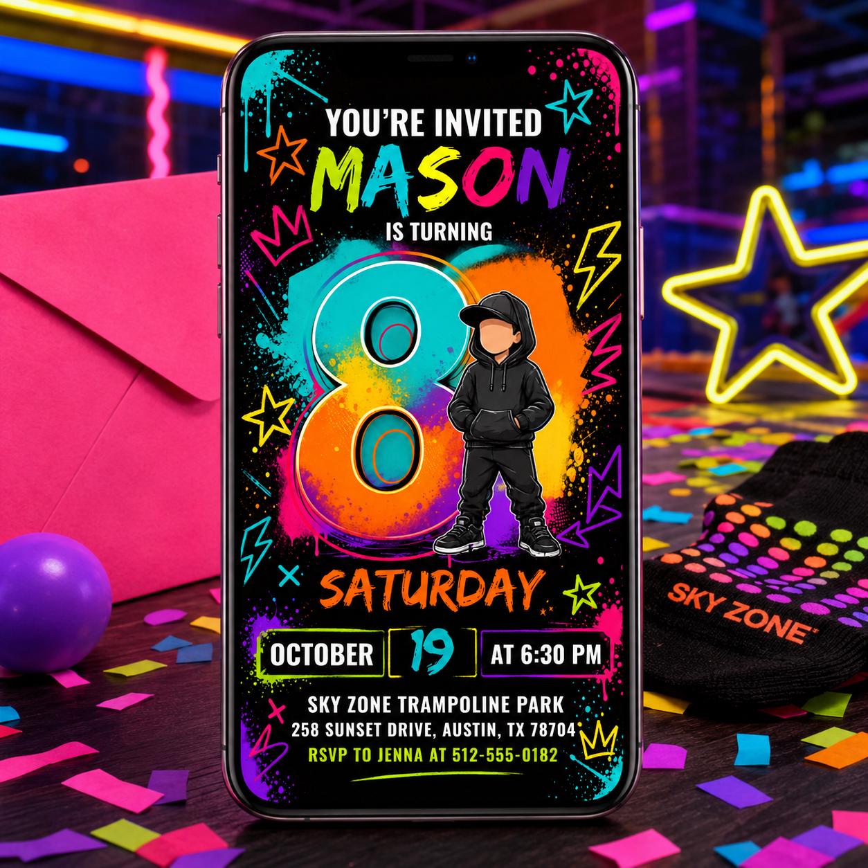 8th Birthday Invitation Boy Neon Editable Party Template, Teen Birthday Invite Digital Invitation for Boys tenth birthday, Canva Template __etsy:8026276578