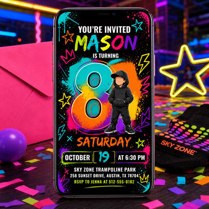 8th Birthday Invitation Boy Neon Editable Party Template, Teen Birthday Invite Digital Invitation for Boys tenth birthday, Canva Template __etsy:8026276578