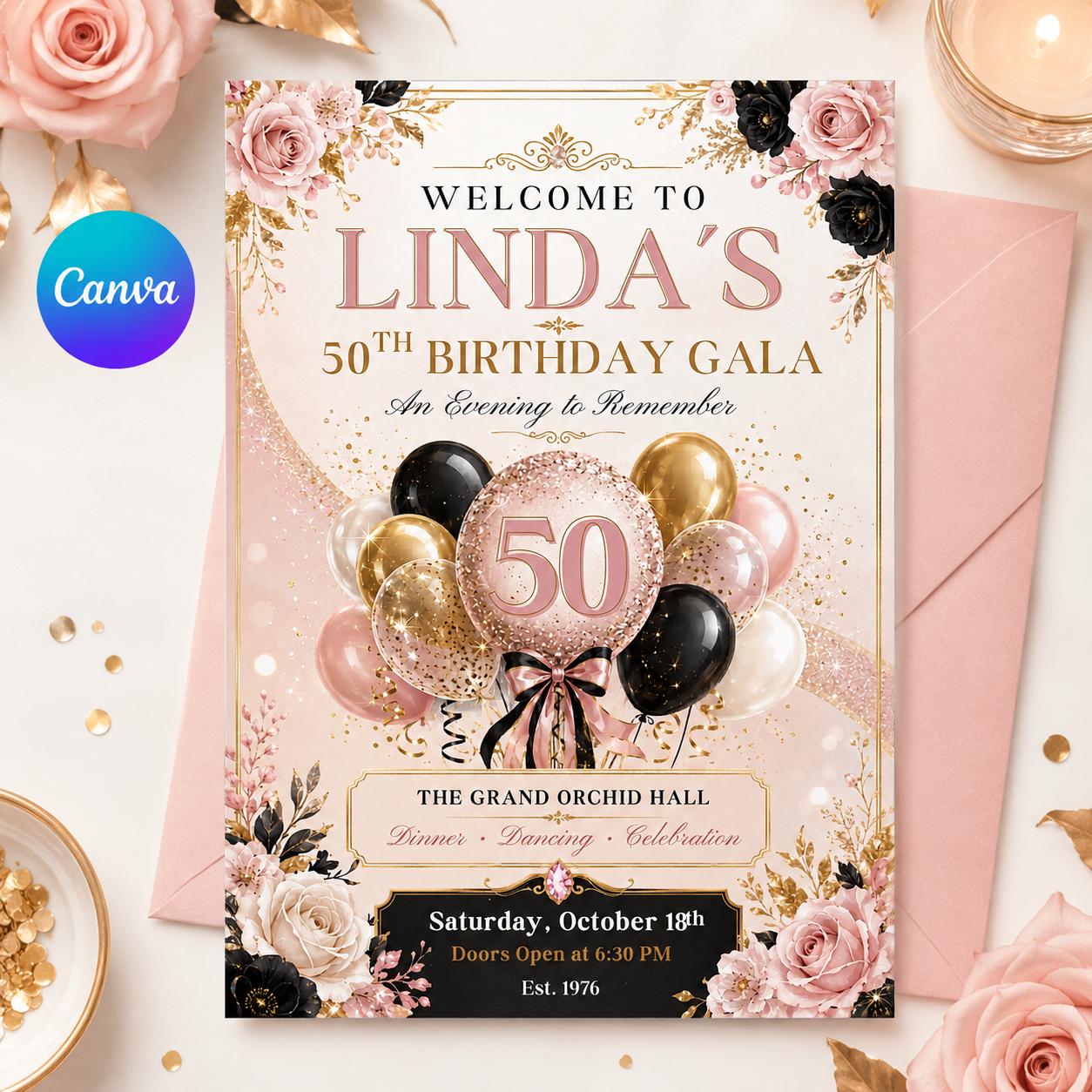 50th Birthday Invitation , Canva Template __etsy:8093968157