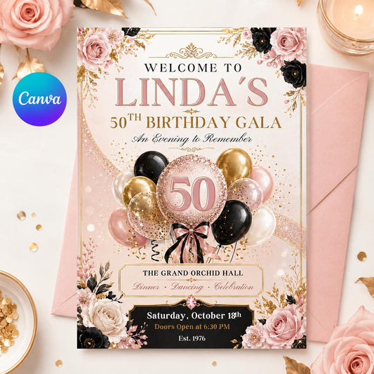 50th Birthday Invitation , Canva Template __etsy:8093968157