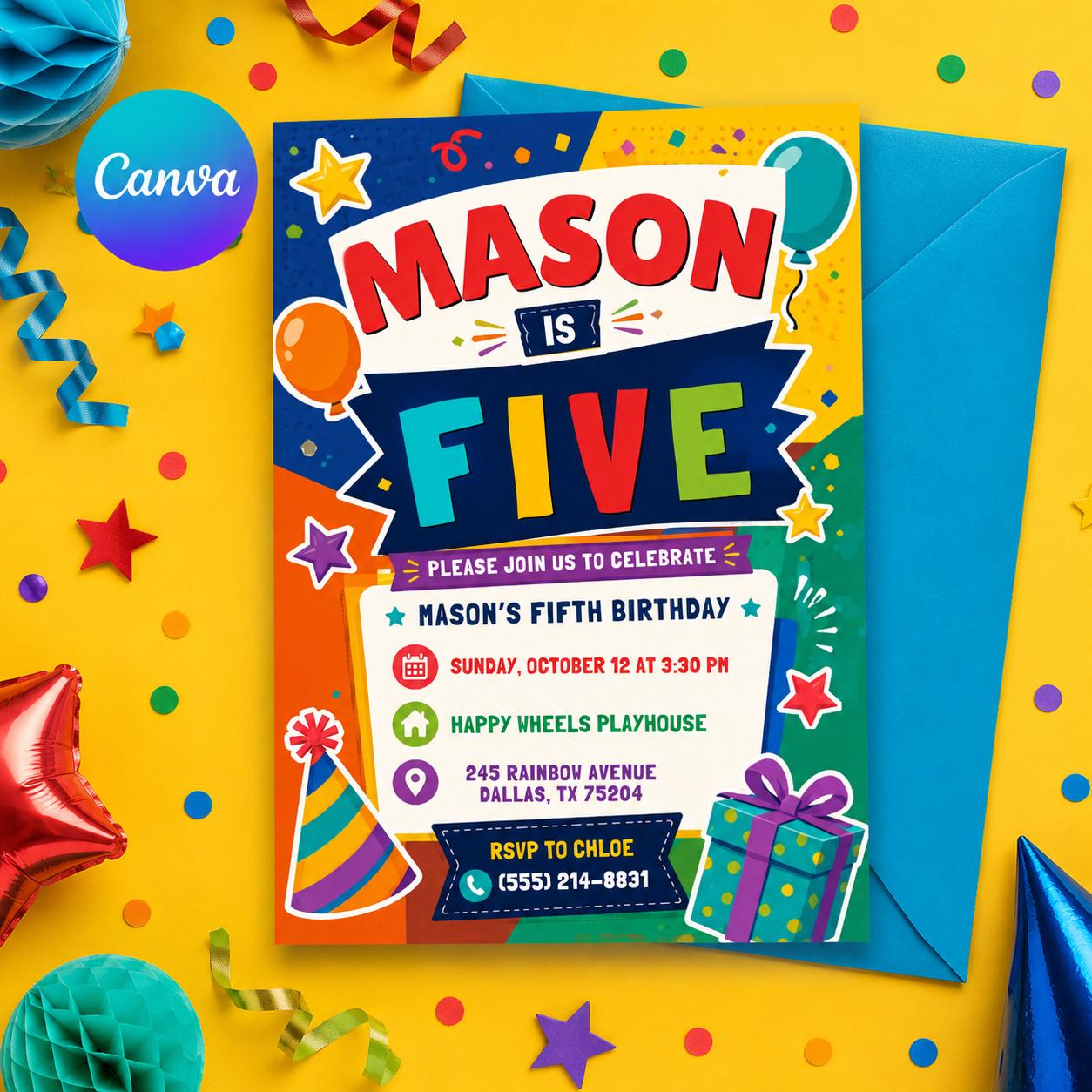 5th Birthday Invitation, Editable High Five Birthday Party Invitation, Neon Glow High Five Hi Five 5th Birthday Party Girls, Canva Template __etsy:8049351232