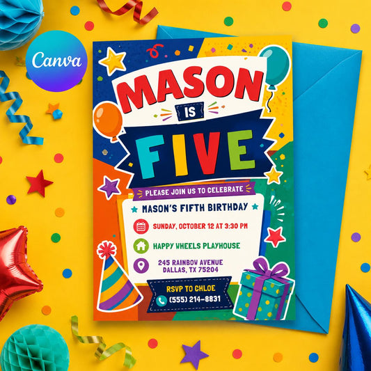 5th Birthday Invitation, Editable High Five Birthday Party Invitation, Neon Glow High Five Hi Five 5th Birthday Party Girls, Canva Template __etsy:8049351232