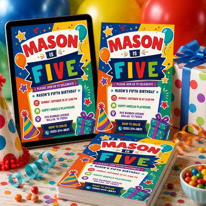 5th Birthday Invitation, Editable High Five Birthday Party Invitation, Neon Glow High Five Hi Five 5th Birthday Party Girls, Canva Template __etsy:8049351224