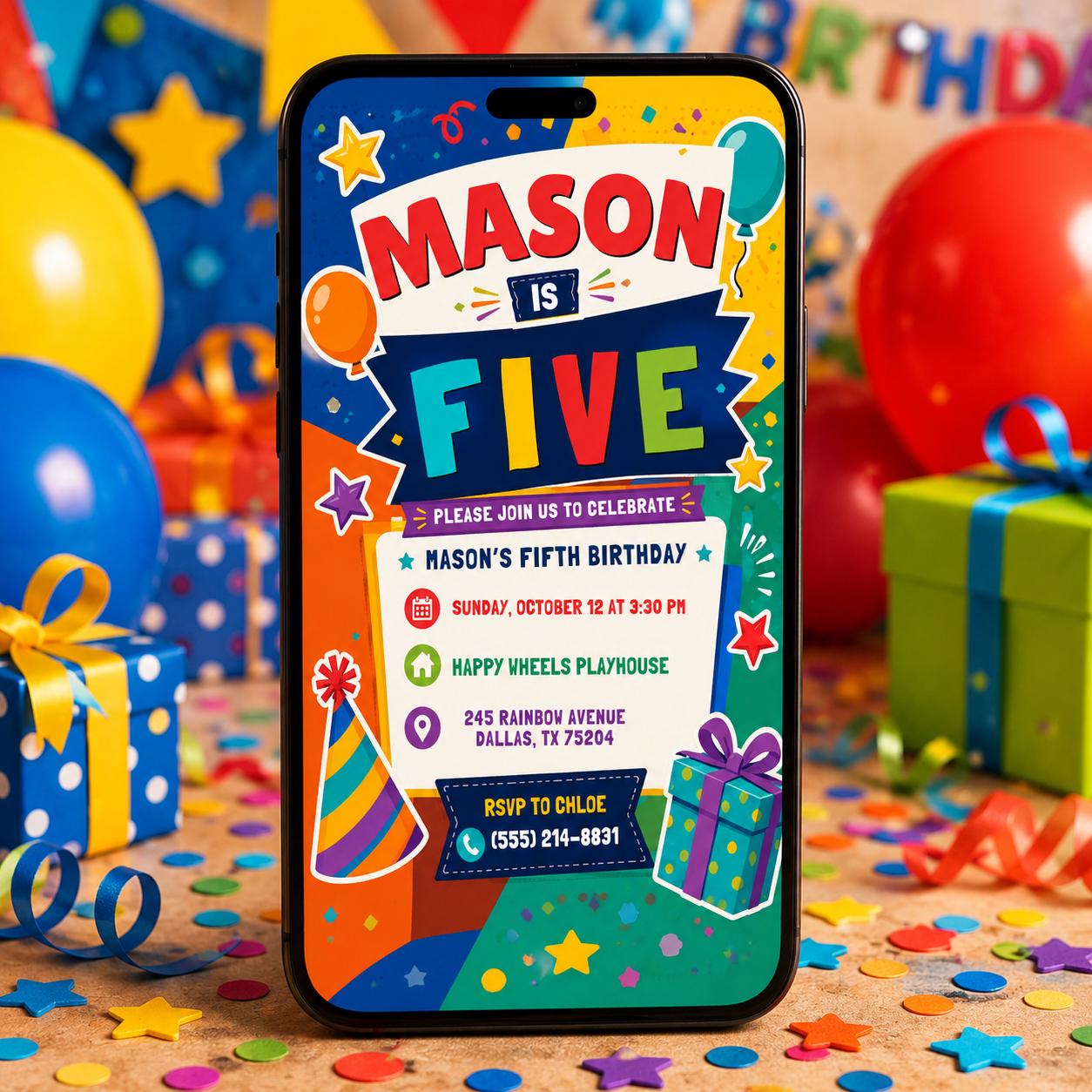 5th Birthday Invitation, Editable High Five Birthday Party Invitation, Neon Glow High Five Hi Five 5th Birthday Party Girls, Canva Template __etsy:8097265191