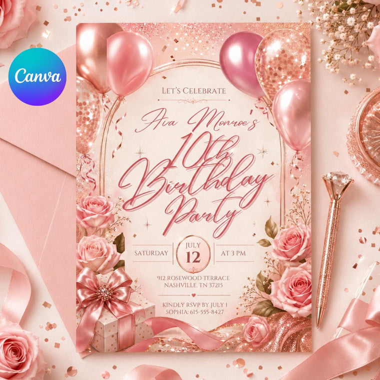 Pink and Rainbow 10th Birthday Invitation for Girls