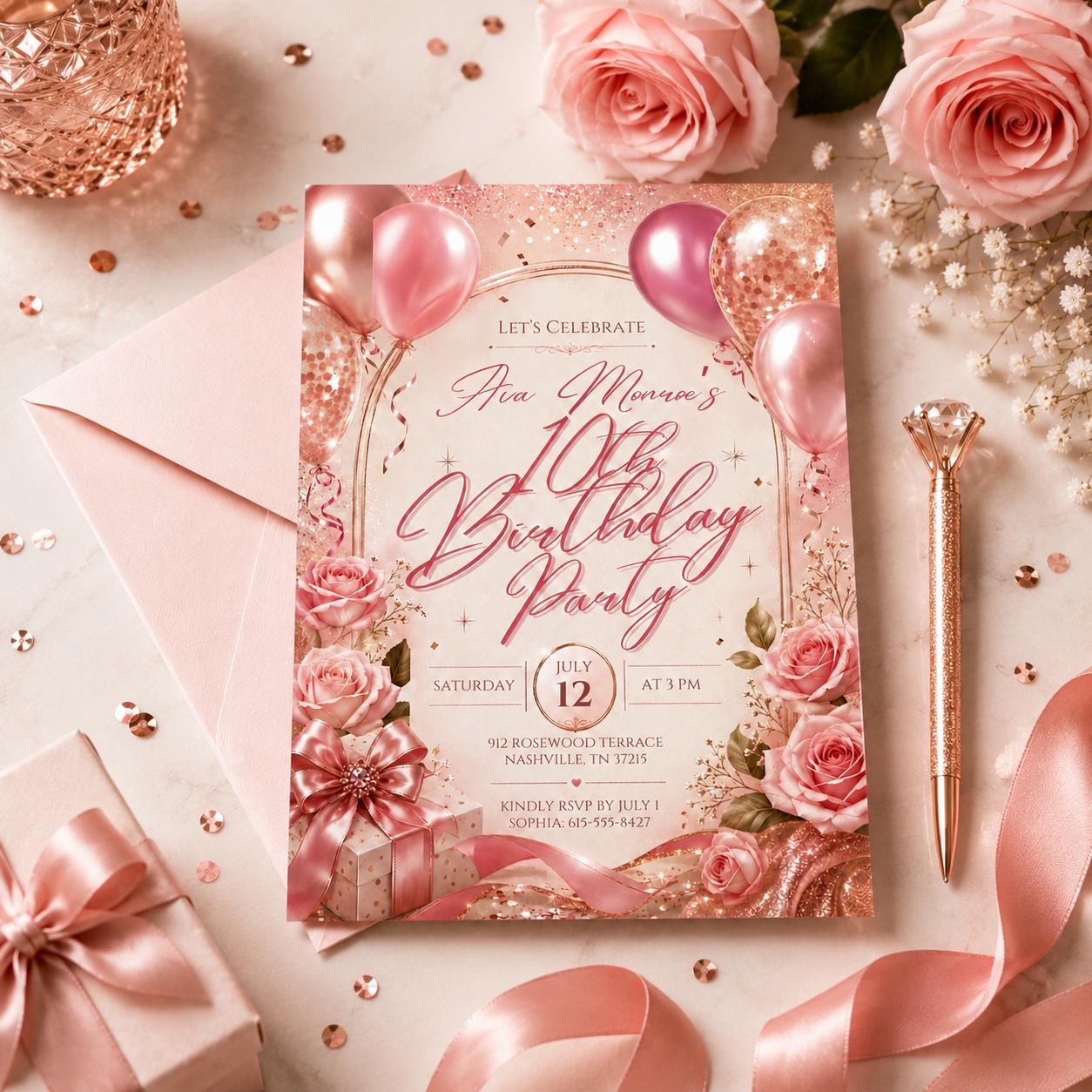 10th Birthday Invitation Girl, Pink Balloon Invite, Ten Birthday Party Invitation, Editable Canva Template, Rainbow Foil 10th Balloon invite __etsy:8081336031