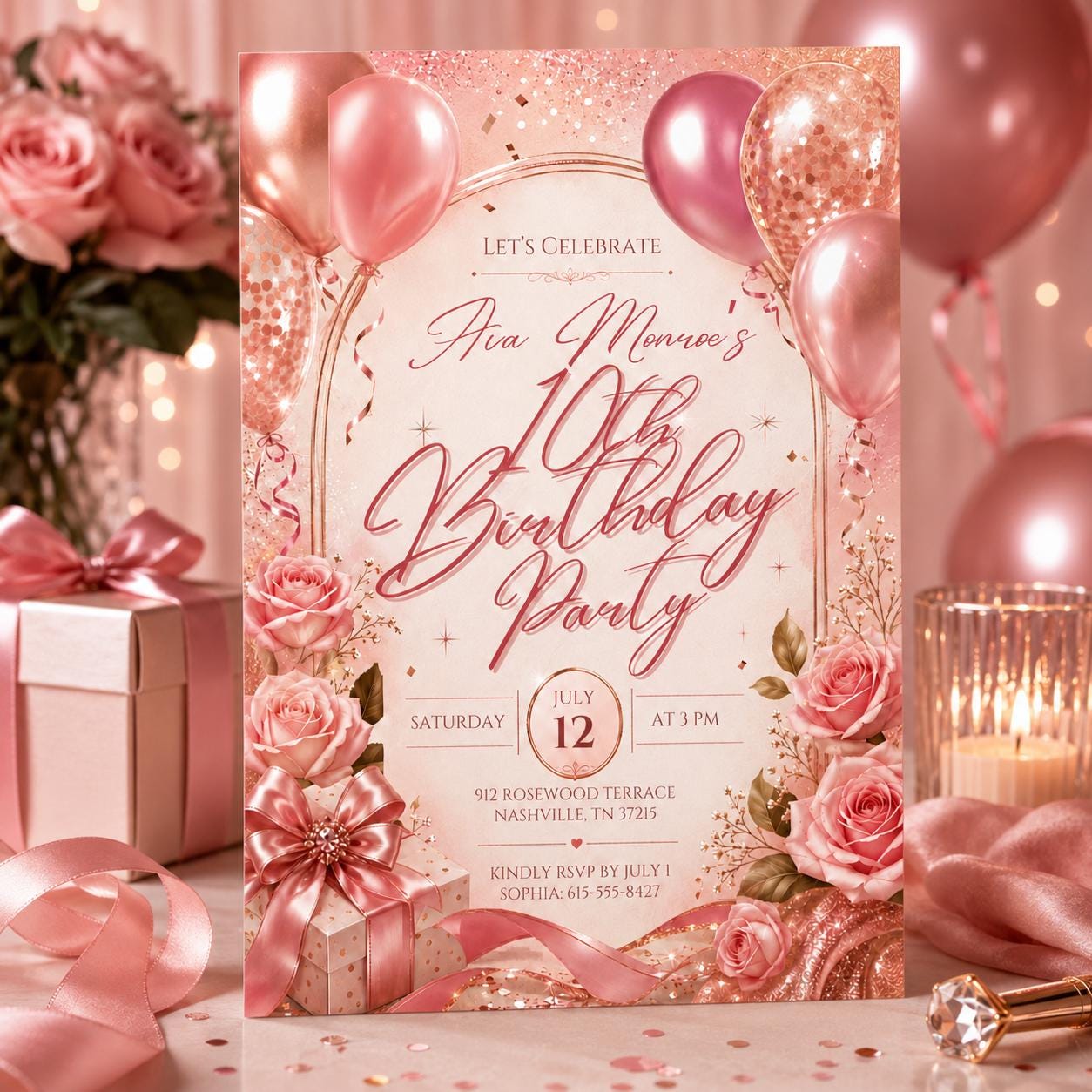 10th Birthday Invitation Girl, Pink Balloon Invite, Ten Birthday Party Invitation, Editable Canva Template, Rainbow Foil 10th Balloon invite __etsy:8081339289