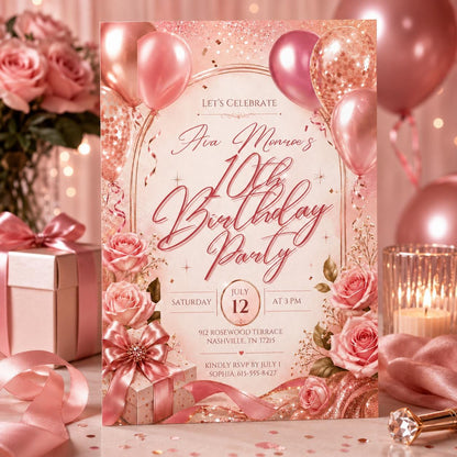 10th Birthday Invitation Girl, Pink Balloon Invite, Ten Birthday Party Invitation, Editable Canva Template, Rainbow Foil 10th Balloon invite __etsy:8081339289
