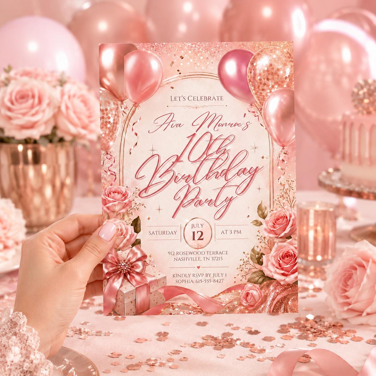 10th Birthday Invitation Girl, Pink Balloon Invite, Ten Birthday Party Invitation, Editable Canva Template, Rainbow Foil 10th Balloon invite __etsy:8033426098