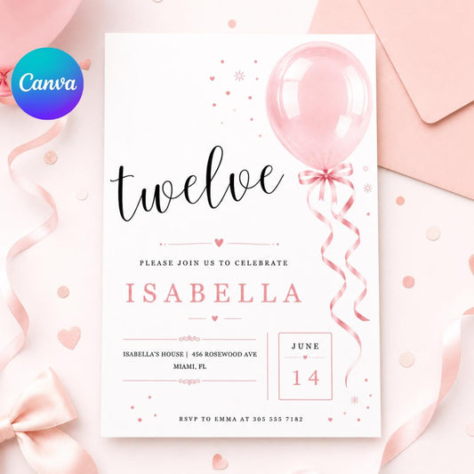 12th Birthday Invitation Girl, Pink Balloon Invite, twelve Birthday Party Twelve Balloons, Editable Canva Template | __etsy:8051499179