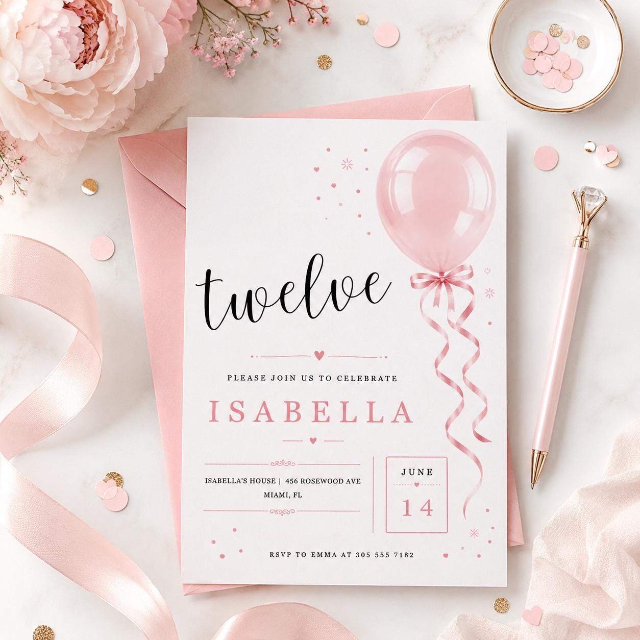 12th Birthday Invitation Girl, Pink Balloon Invite, twelve Birthday Party Twelve Balloons, Editable Canva Template | __etsy:8051496137