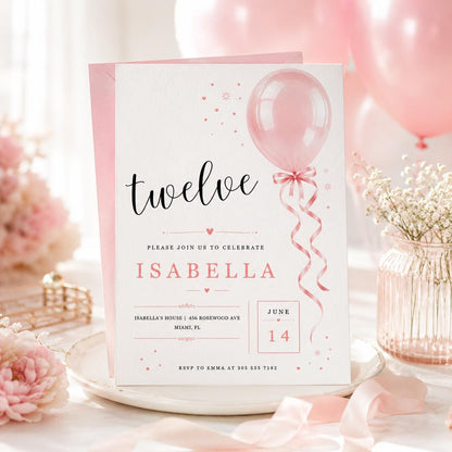 12th Birthday Invitation Girl, Pink Balloon Invite, twelve Birthday Party Twelve Balloons, Editable Canva Template | __etsy:8051496125
