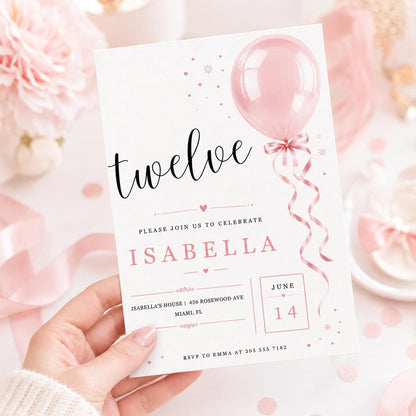 12th Birthday Invitation Girl, Pink Balloon Invite, twelve Birthday Party Twelve Balloons, Editable Canva Template | __etsy:8051496191