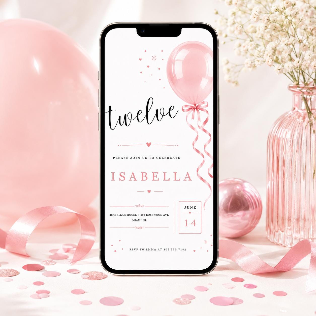 12th Birthday Invitation Girl, Pink Balloon Invite, twelve Birthday Party Twelve Balloons, Editable Canva Template | __etsy:8003573658