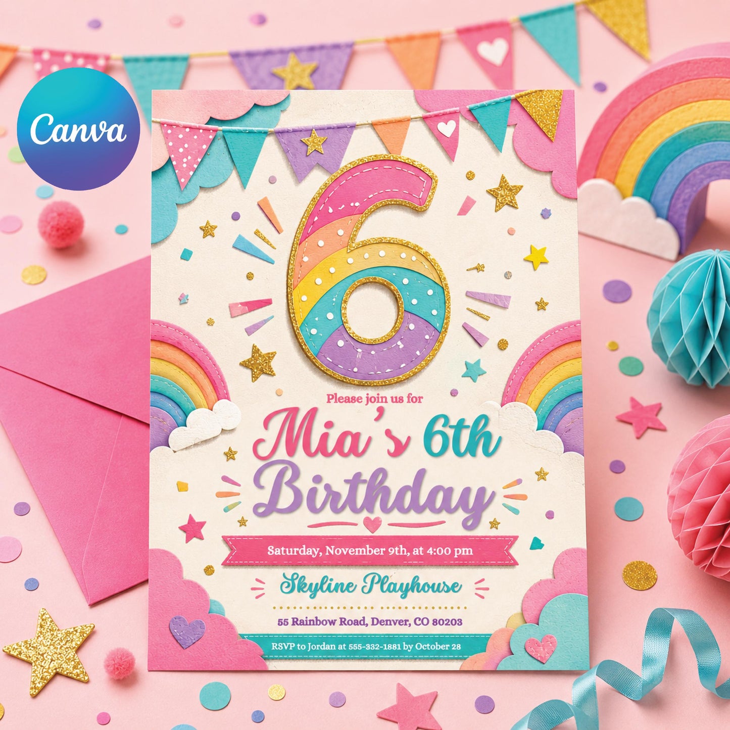 6th Birthday Invitation Girl, Rainbow Sequin Clouds Stars  Invite for Girls Party, Girls Pink Birthday Invite, Editable Canva Template __etsy:8011111358