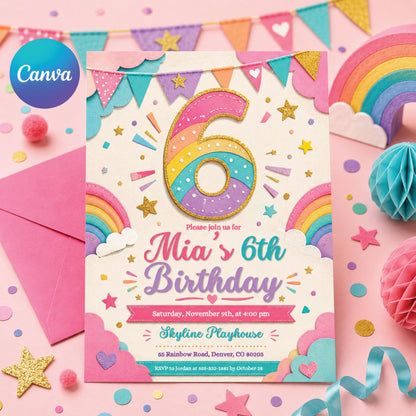 6th Birthday Invitation Girl, Rainbow Sequin Clouds Stars  Invite for Girls Party, Girls Pink Birthday Invite, Editable Canva Template __etsy:8011111358