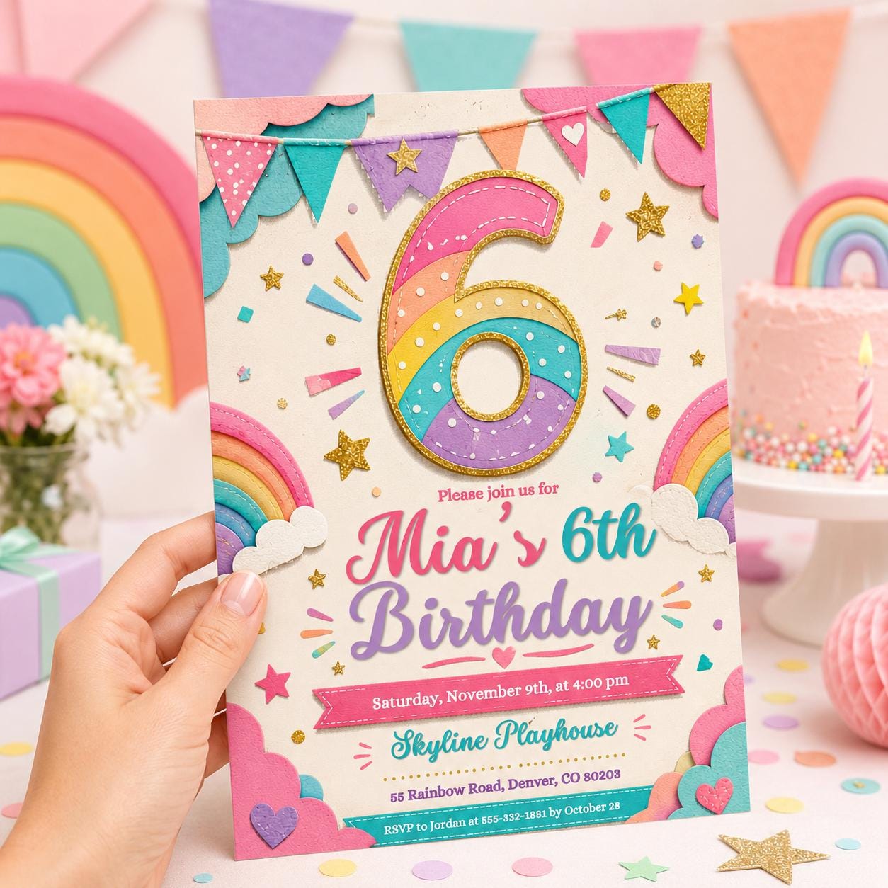 6th Birthday Invitation Girl, Rainbow Sequin Clouds Stars  Invite for Girls Party, Girls Pink Birthday Invite, Editable Canva Template __etsy:8059016739
