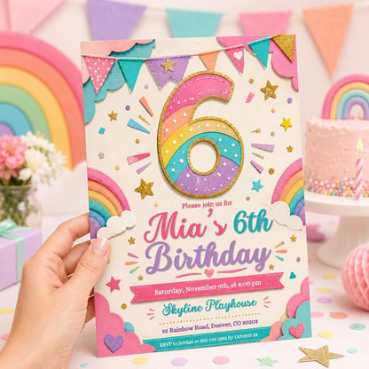 6th Birthday Invitation Girl, Rainbow Sequin Clouds Stars  Invite for Girls Party, Girls Pink Birthday Invite, Editable Canva Template __etsy:8059016739
