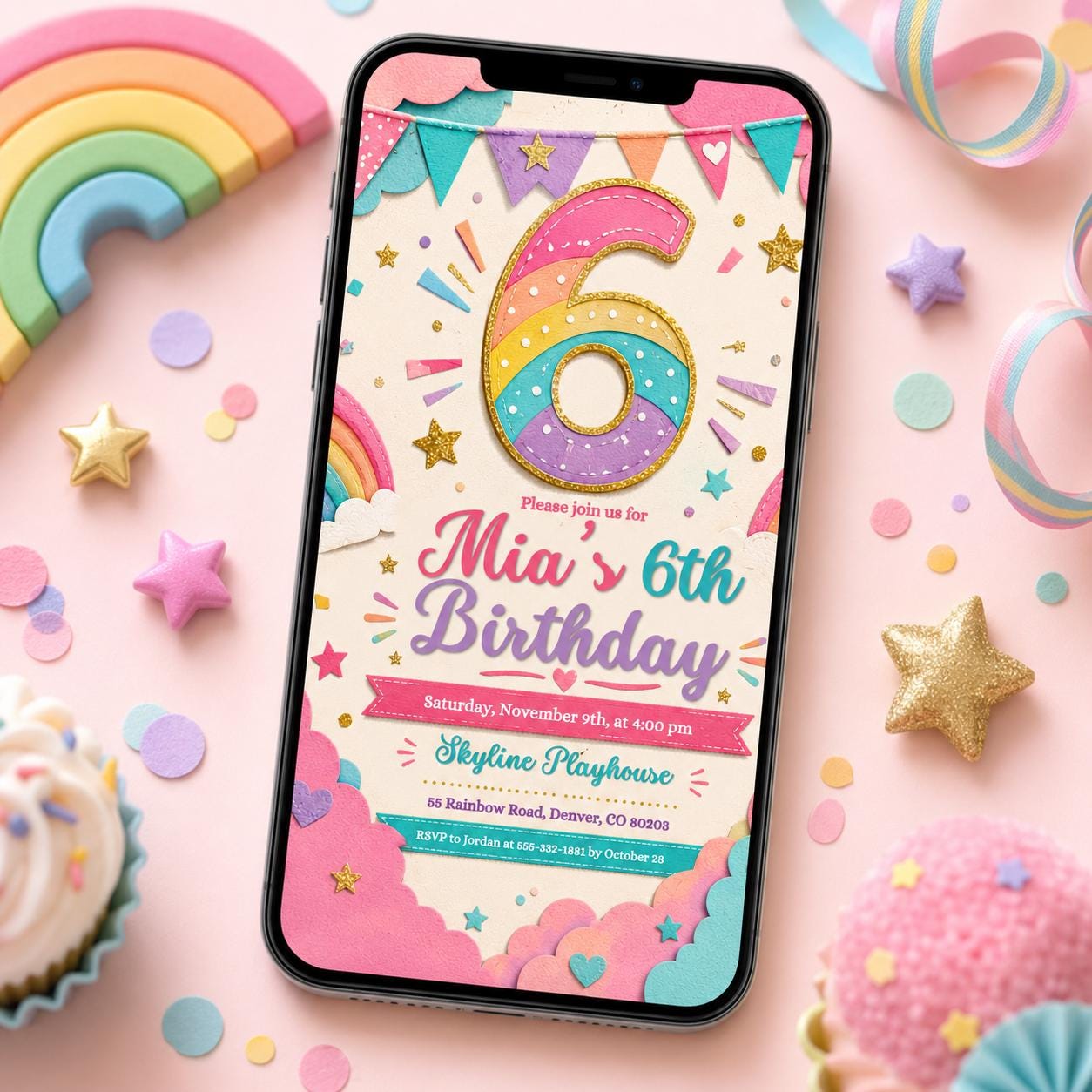 6th Birthday Invitation Girl, Rainbow Sequin Clouds Stars  Invite for Girls Party, Girls Pink Birthday Invite, Editable Canva Template __etsy:8059016713