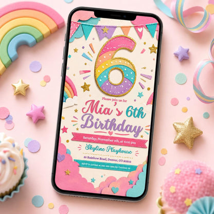 6th Birthday Invitation Girl, Rainbow Sequin Clouds Stars  Invite for Girls Party, Girls Pink Birthday Invite, Editable Canva Template __etsy:8059016713