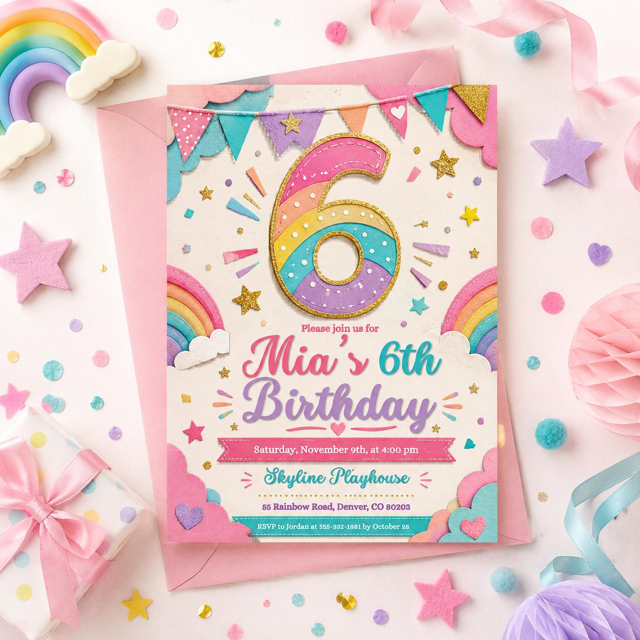 6th Birthday Invitation Girl, Rainbow Sequin Clouds Stars  Invite for Girls Party, Girls Pink Birthday Invite, Editable Canva Template __etsy:8011103636