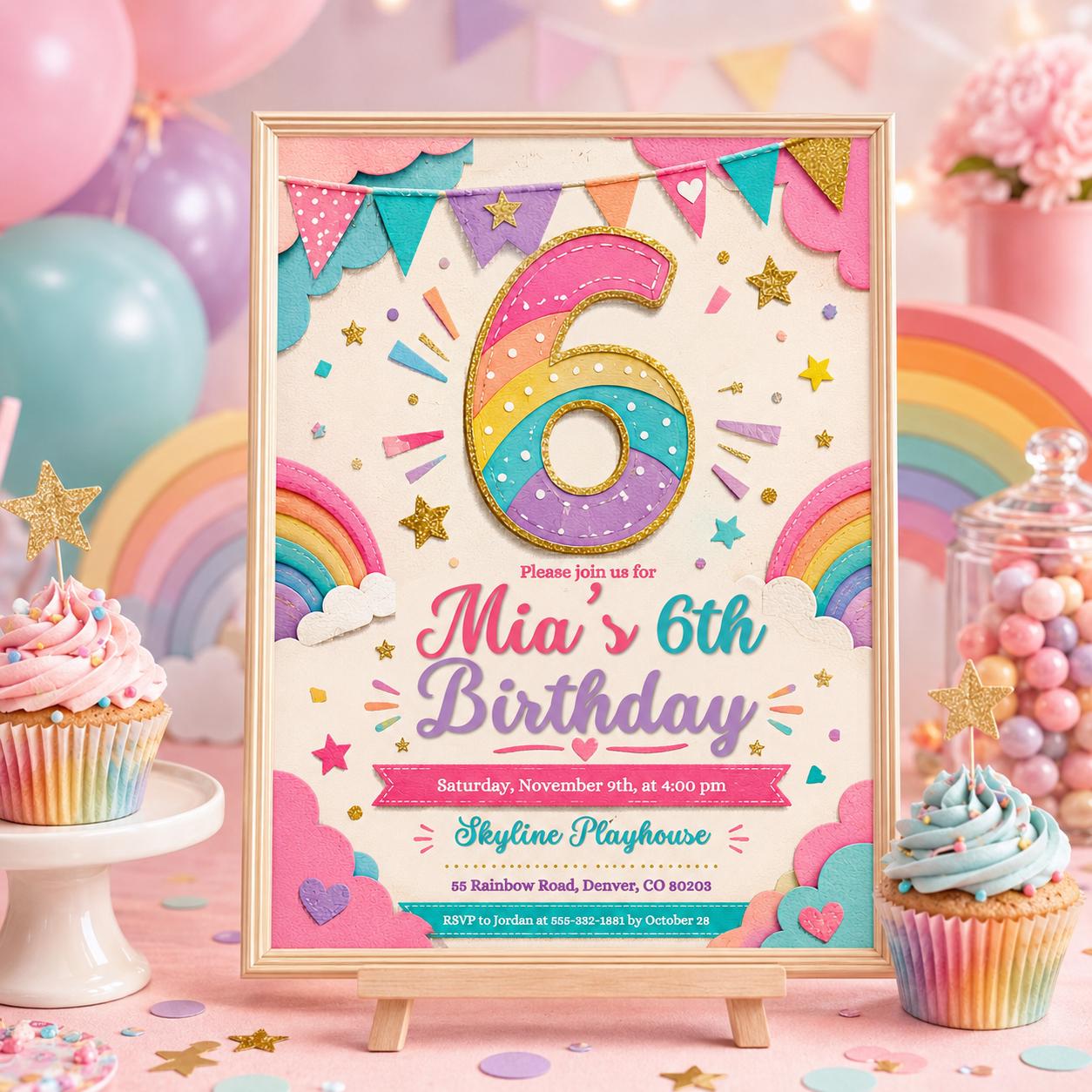6th Birthday Invitation Girl, Rainbow Sequin Clouds Stars  Invite for Girls Party, Girls Pink Birthday Invite, Editable Canva Template __etsy:8011103760