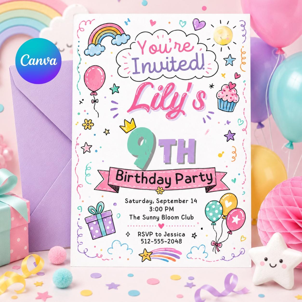 9th Birthday Invitation, Girl 9th Invitation, Girl Birthday, Neon Glow Invitation, Balloon Butterfly Invitation, Editable Canva Template __etsy:8000865332