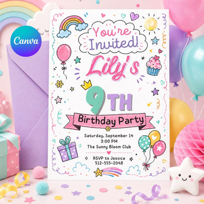 9th Birthday Invitation, Girl 9th Invitation, Girl Birthday, Neon Glow Invitation, Balloon Butterfly Invitation, Editable Canva Template __etsy:8000865332