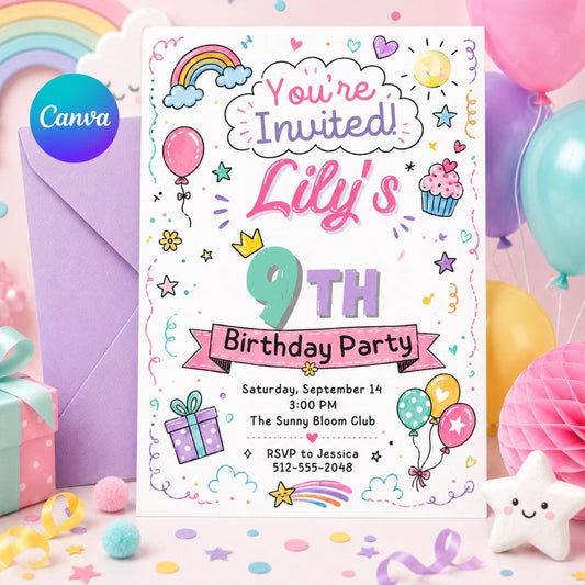 9th Birthday Invitation, Girl 9th Invitation, Girl Birthday, Neon Glow Invitation, Balloon Butterfly Invitation, Editable Canva Template __etsy:8000865332