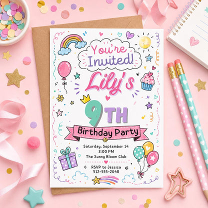 9th Birthday Invitation, Girl 9th Invitation, Girl Birthday, Neon Glow Invitation, Balloon Butterfly Invitation, Editable Canva Template __etsy:8047034895