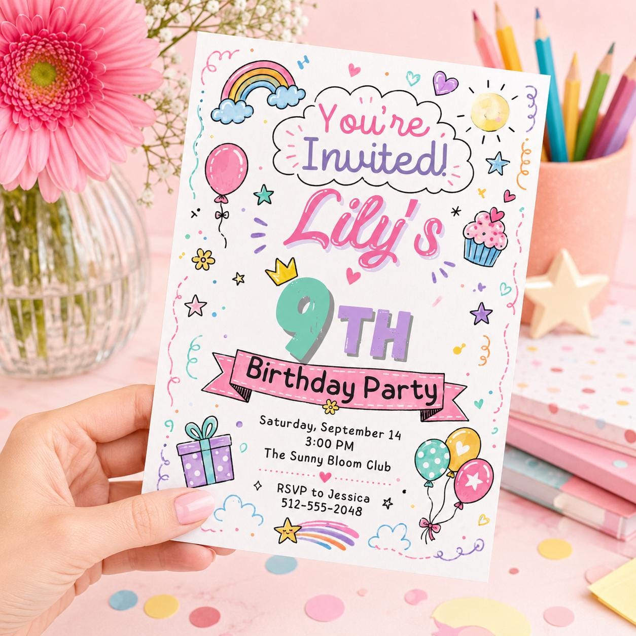 9th Birthday Invitation, Girl 9th Invitation, Girl Birthday, Neon Glow Invitation, Balloon Butterfly Invitation, Editable Canva Template __etsy:8047034887