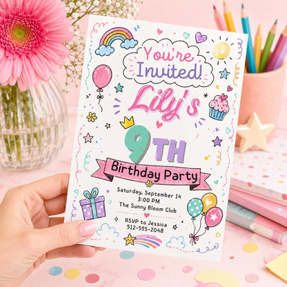 9th Birthday Invitation, Girl 9th Invitation, Girl Birthday, Neon Glow Invitation, Balloon Butterfly Invitation, Editable Canva Template __etsy:8047034887