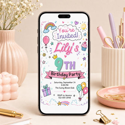 9th Birthday Invitation, Girl 9th Invitation, Girl Birthday, Neon Glow Invitation, Balloon Butterfly Invitation, Editable Canva Template __etsy:8047034893