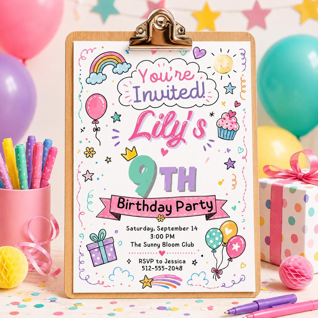 9th Birthday Invitation, Girl 9th Invitation, Girl Birthday, Neon Glow Invitation, Balloon Butterfly Invitation, Editable Canva Template __etsy:7999101120