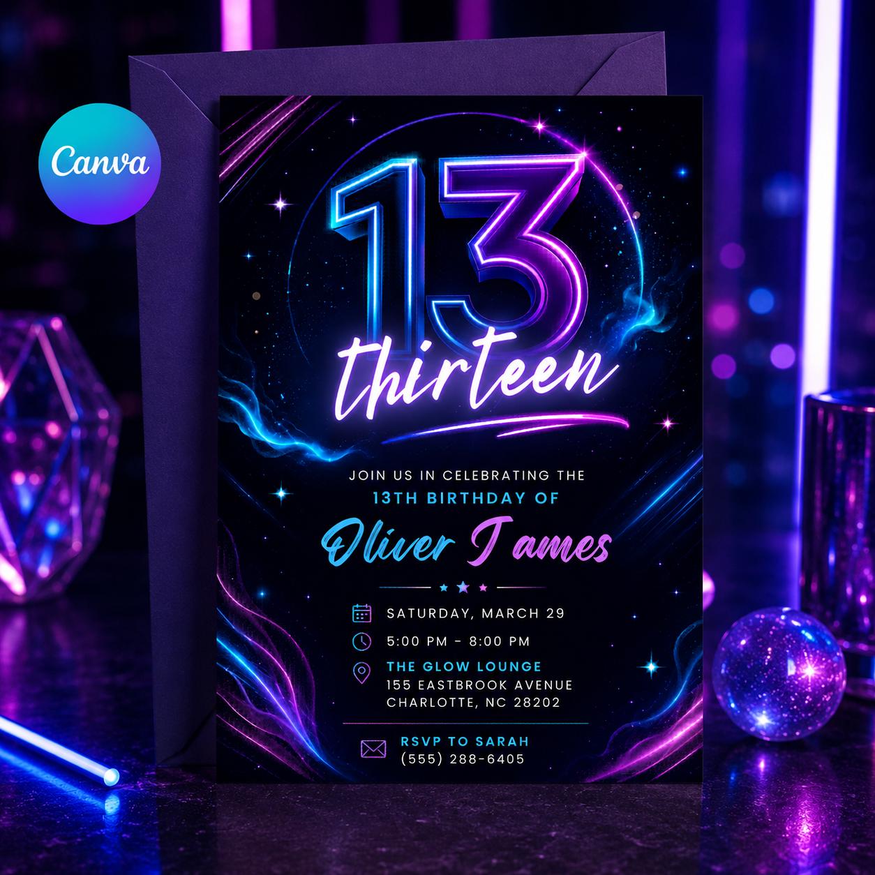 13th Birthday Invitation, Neon Glow Party Editable Template,  boys Neon Glow Party invite,  Thirteen Is A Vibe 13th, Editable Canva Template __etsy:8049573252
