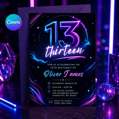 13th Birthday Invitation, Neon Glow Party Editable Template,  boys Neon Glow Party invite,  Thirteen Is A Vibe 13th, Editable Canva Template __etsy:8049573252
