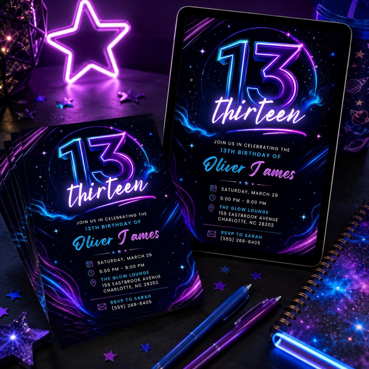 13th Birthday Invitation, Neon Glow Party Editable Template,  boys Neon Glow Party invite,  Thirteen Is A Vibe 13th, Editable Canva Template __etsy:8097486903