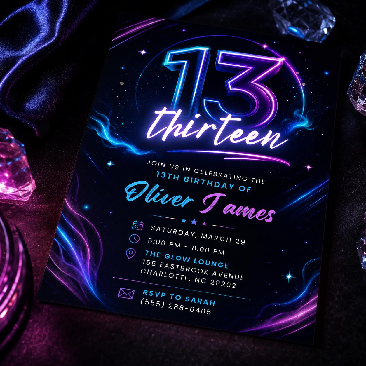13th Birthday Invitation, Neon Glow Party Editable Template,  boys Neon Glow Party invite,  Thirteen Is A Vibe 13th, Editable Canva Template __etsy:8097486879