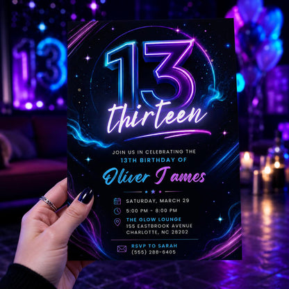 13th Birthday Invitation, Neon Glow Party Editable Template,  boys Neon Glow Party invite,  Thirteen Is A Vibe 13th, Editable Canva Template __etsy:8097486899