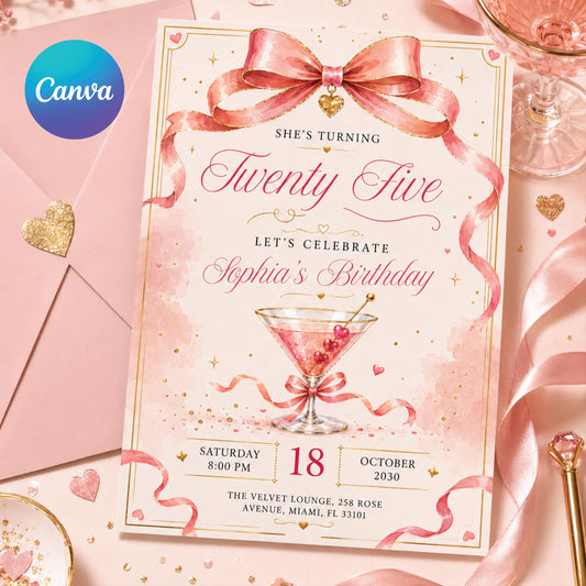 25th Birthday Invitation, Rose Gold Canva Template Invite, Blush Confetti & Sparkle Card, Twenty Five Milestone Birthday Party Evite Canva __etsy:8024452102